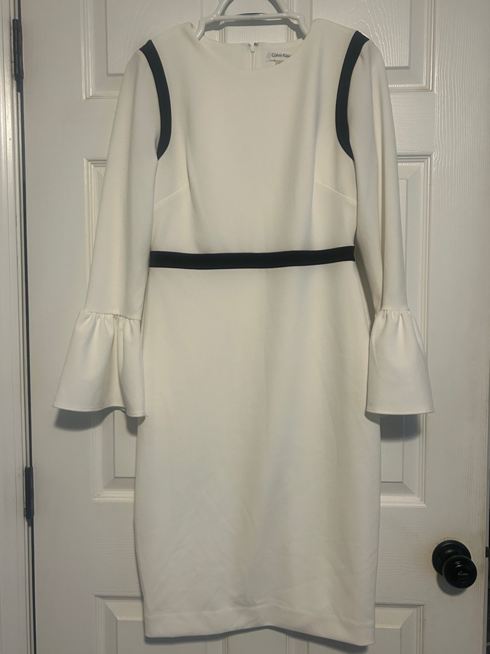 Calvin Klein White Long Sleeve Sheath Dress with Black Trim